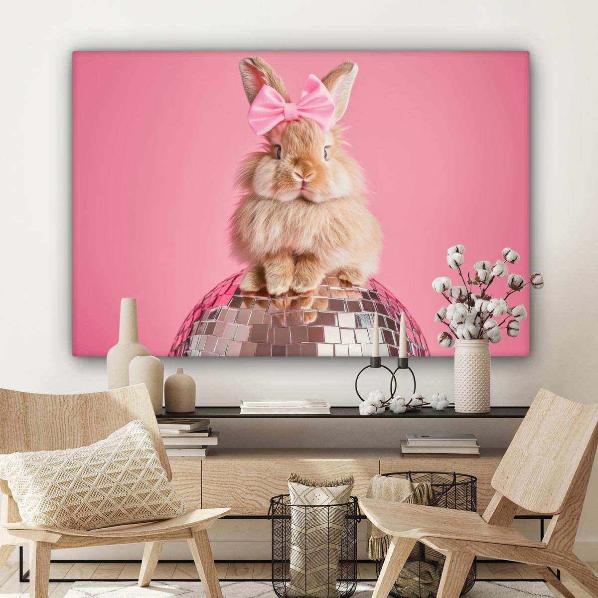LEINWANDBILD Schleife - Discoball - Kaninchen Groß 140x90 cm - Pink, Textil (140/90cm) - MuchoWow