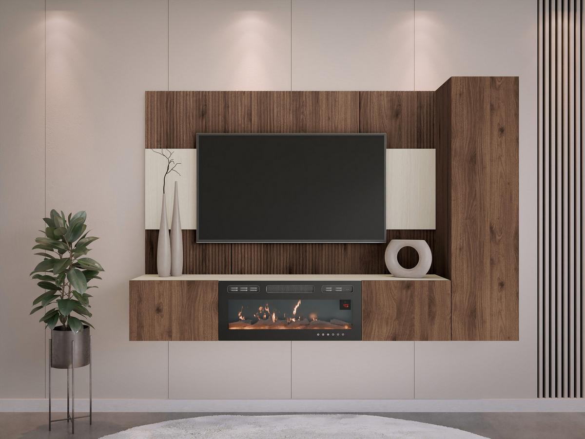 WOHNWAND Deromi VI mit Kamin - Braun, Holzwerkstoff (220/150/38cm) - MIRJAN24