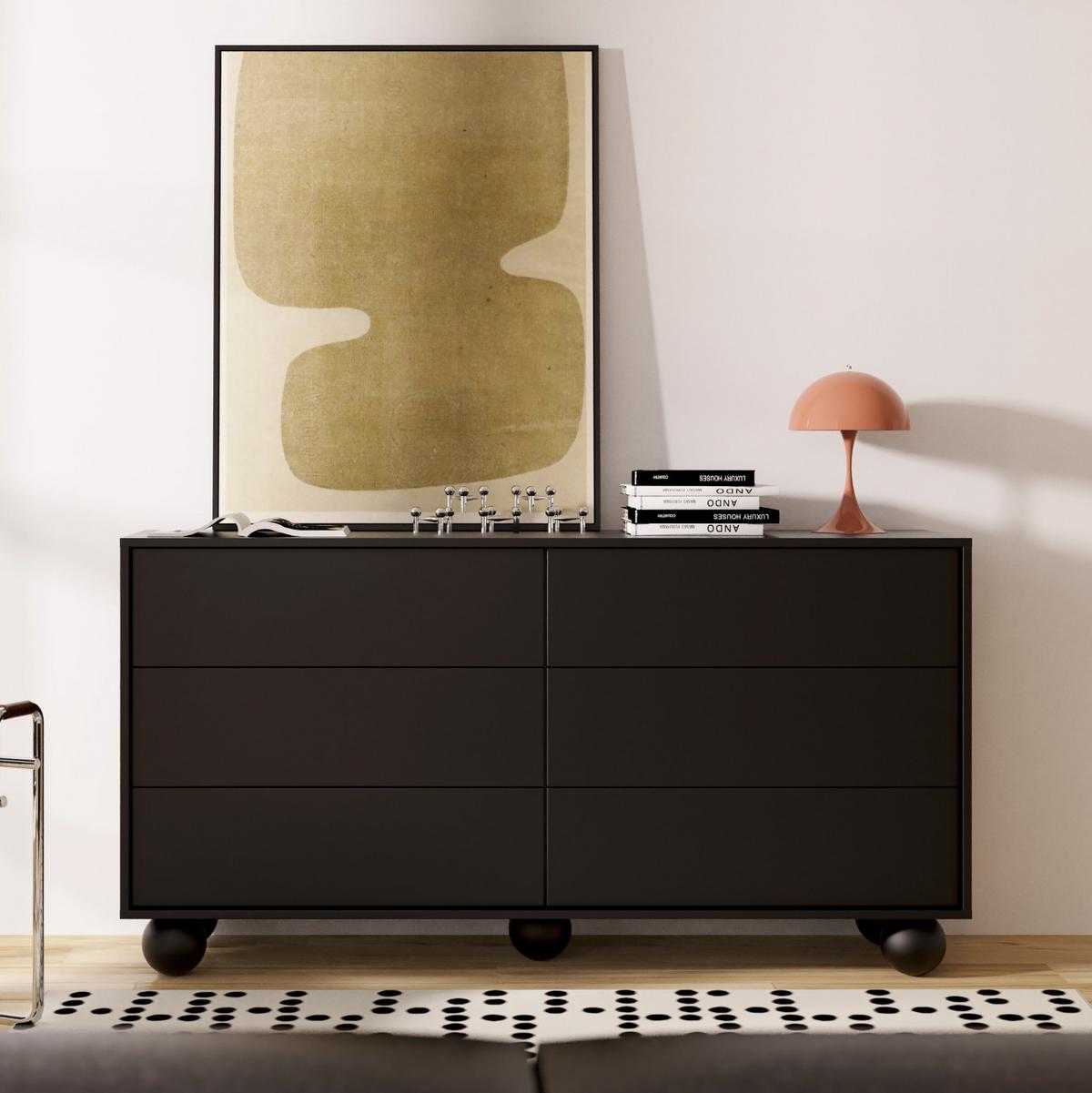 KOMMODE Adel mit 6 Schubladen und runden Füßen, 154 cm, Griffloss, Schwarz - Schwarz, Holzwerkstoff (154/81/38cm) - Beautysofa