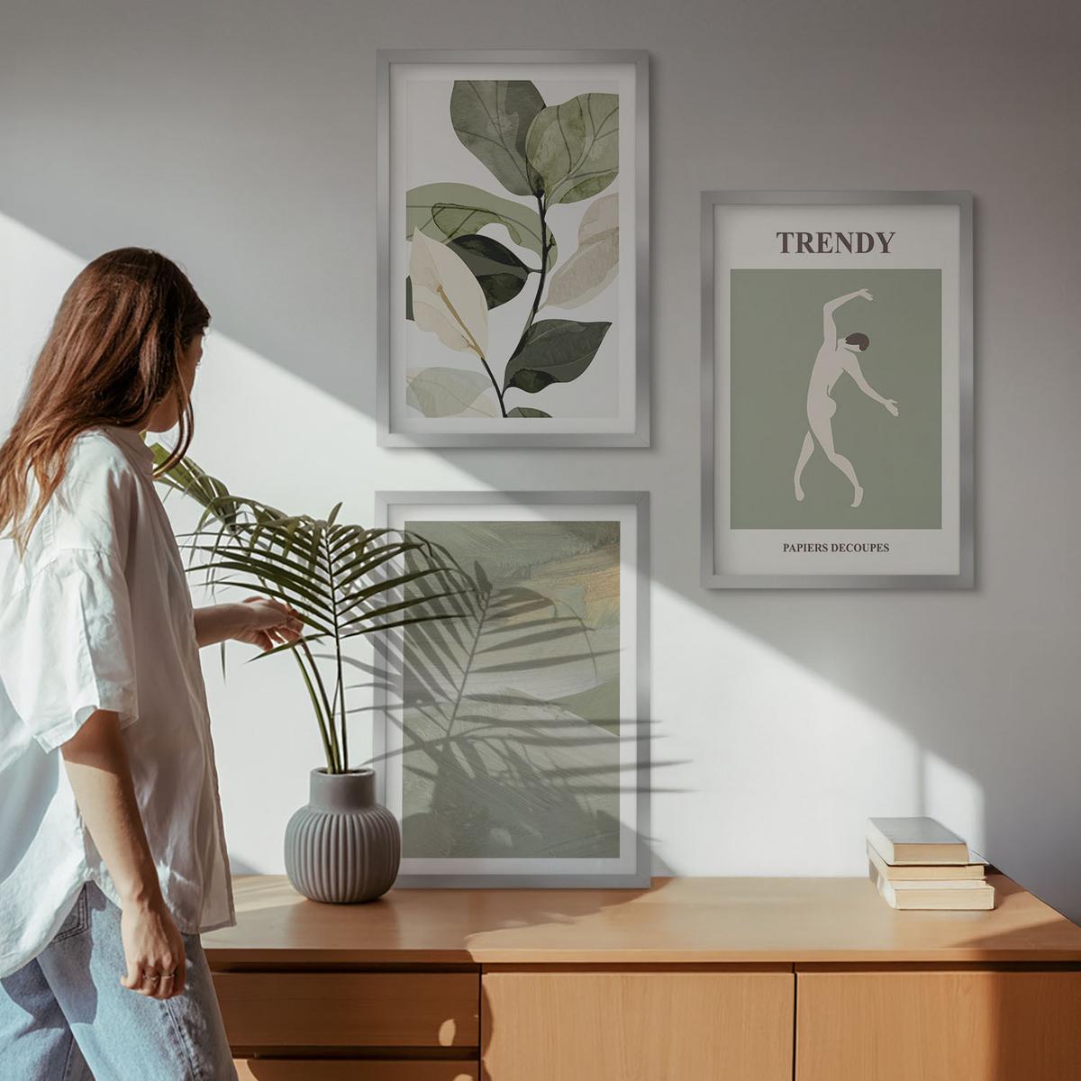 BILDER SET 3er Set - 40x60 cm Silberner Rahmen - Abstrakte Pflanzensilhouettenmuster - Silberfarben, Kunststoff (40/60cm) - TULUP