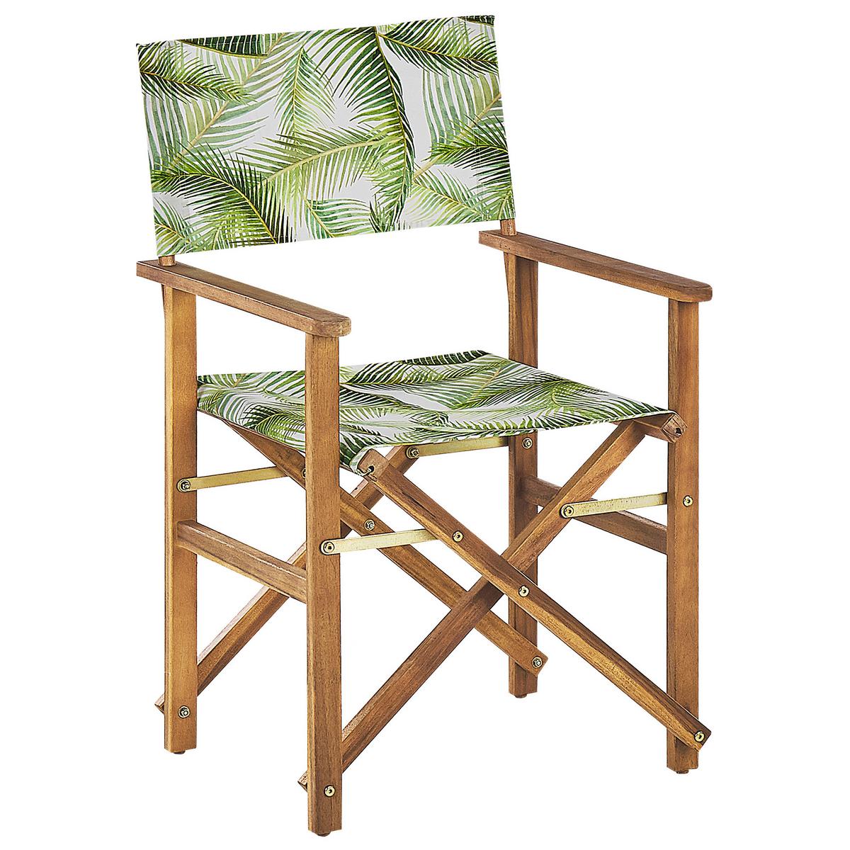 GARTENSTUHL 2er-Set Akazienholz hellbraun Auflagen cremeweiß/hellgrün Palmenmotiv Cine - Hellbraun/Hellgrün, Holz (50/91/50cm) - Beliani