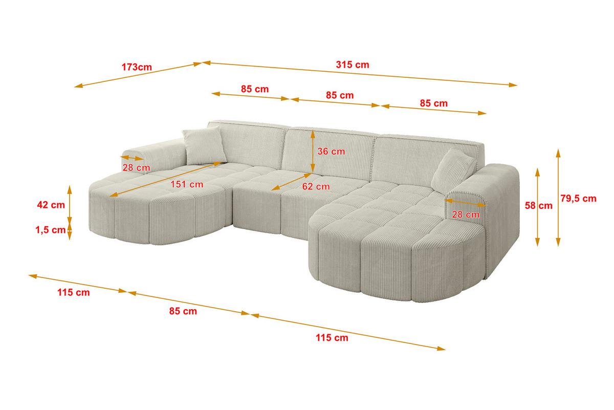 WOHNLANDSCHAFT LIVO-U1 - 315x173x79,5 cm Creme - Hellgrau/Creme, Holzwerkstoff/Textil (315/79/173cm) - ALTDECOR