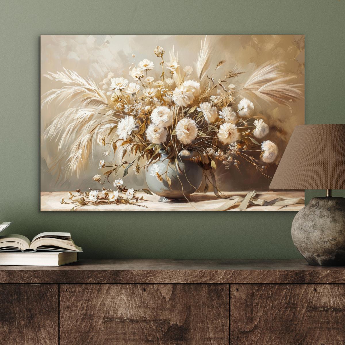 METALLBILD Blumen - Vase - Stilleben - Beige Wandbild 60x40 cm - Creme, Metall (60/40cm) - MuchoWow