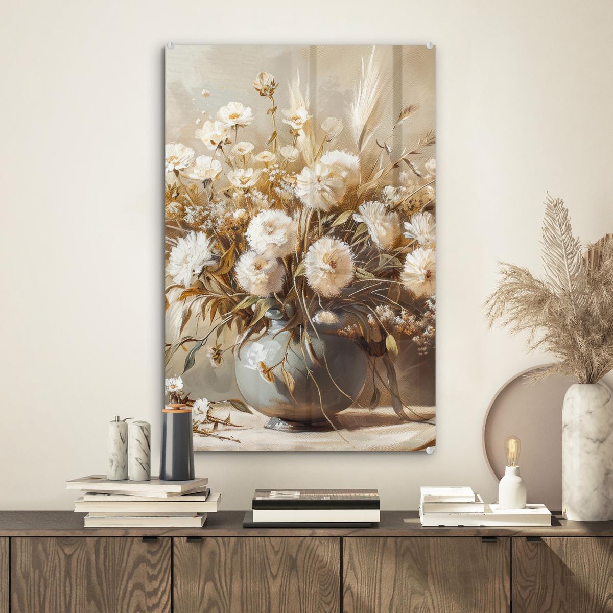 ACRYLGLASBILD Blumen - Vase - Stilleben - Beige Wanddeko Wohnzimmer 40x60 cm - Creme, Glas (40/60cm) - MuchoWow