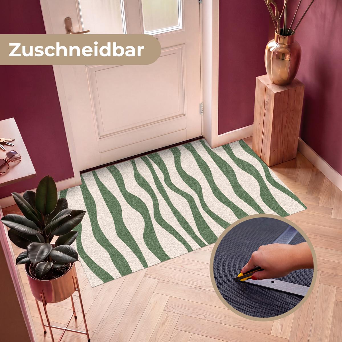 FUSSMATTE Wellenlinien - Beige - Grün - Streifen - Abstrakt Fußabtreter 150x90 cm - Dunkelgrün, Kunststoff (150/0.4cm) - MuchoWow