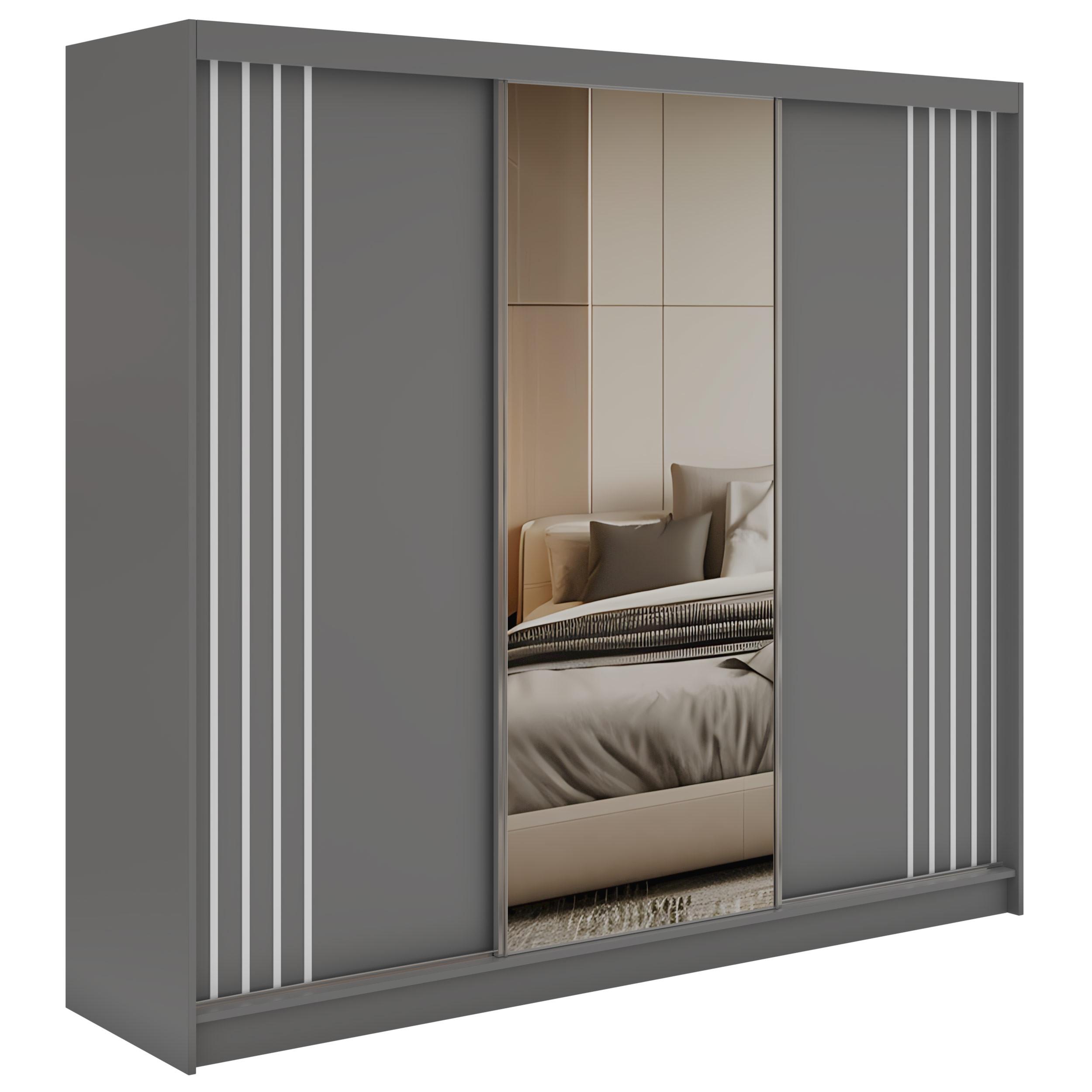 SCHWEBETÜRENSCHRANK mit Lamellen, Spiegel und Schubladen DIANA - 240 - Grau und Weiß - Alufarben/Weiß, Holzwerkstoff/Metall (240/216/61cm) - MKS
