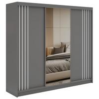SCHWEBETÜRENSCHRANK mit Lamellen, Spiegel und Schubladen DIANA - 240 - Grau und Weiß - Alufarben/Weiß, Holzwerkstoff/Metall (240/216/61cm) - MKS