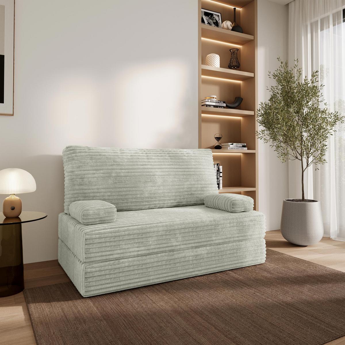 BETTSOFA LADIA aus Schaumstoff Kordstoff Hellgrau Schlaffunktion - Hellgrau, Textil (140/86/60cm) - MASSENO