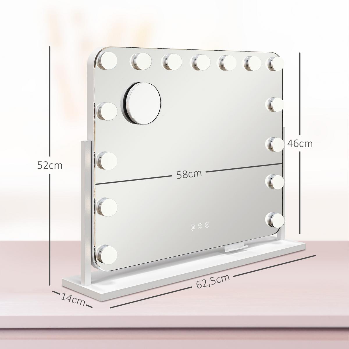 HOLLYWOOD Spiegel mit Beleuchtung 62,5 x 52 cm Schminkspiegel mit 15 LED Licht - Weiß, Metall (62.5/52/14cm) - HOMCOM