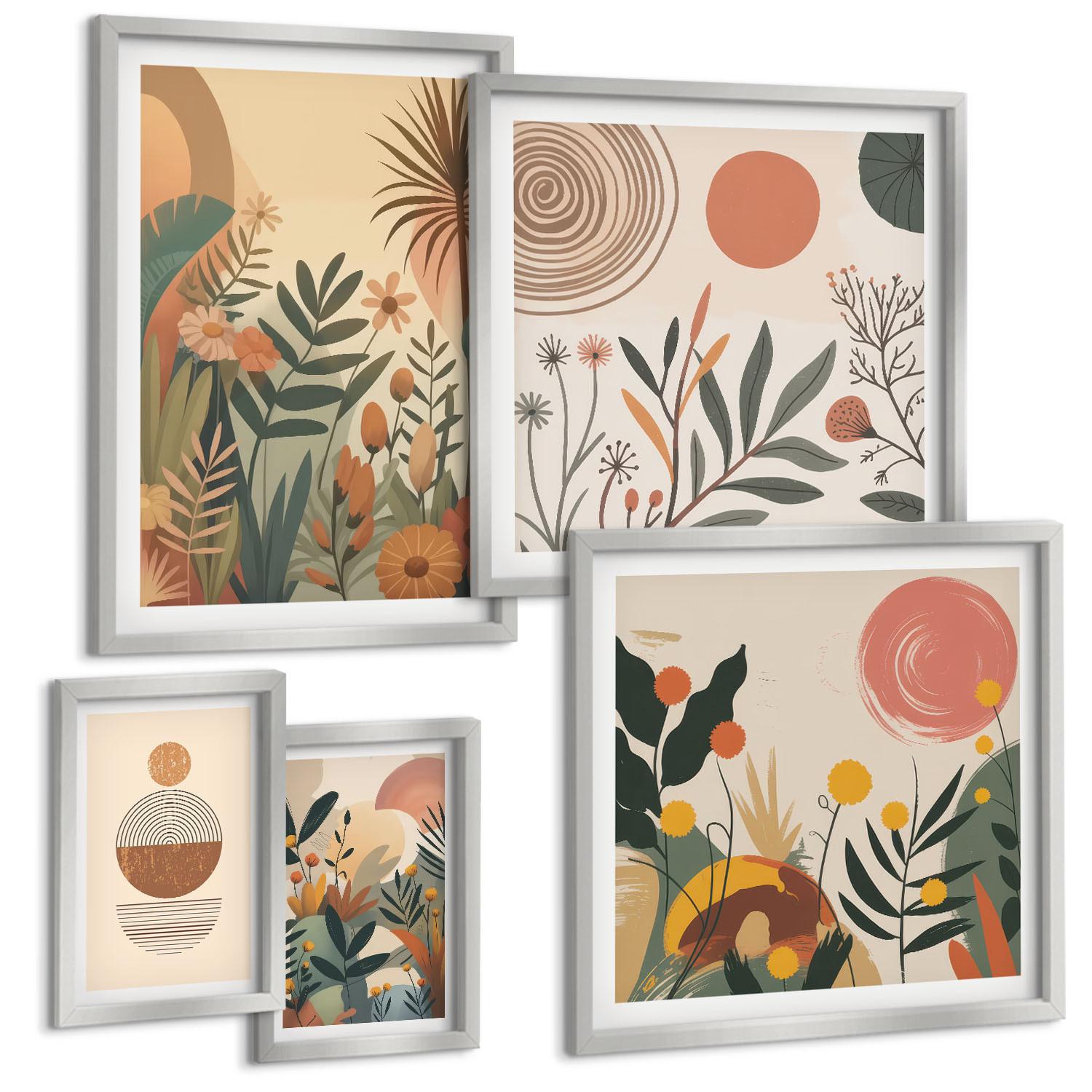 BILDER SET 5er Set - 50x50 cm & 20x30 cm & 40x60 cm Silberner Rahmen - Zitronenzweige mit blauen Blättern - Silberfarben, Kunststoff (40/60cm) - TULUP