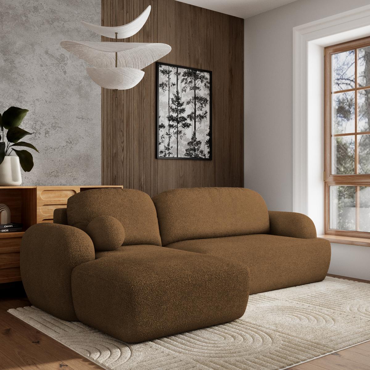 ECKSOFA MODENZA N L-S Braun Boucle-Stoff mit Schlaffunktion - Schwarz/Braun, Holz/Kunststoff (266/148cm) - MASSENO