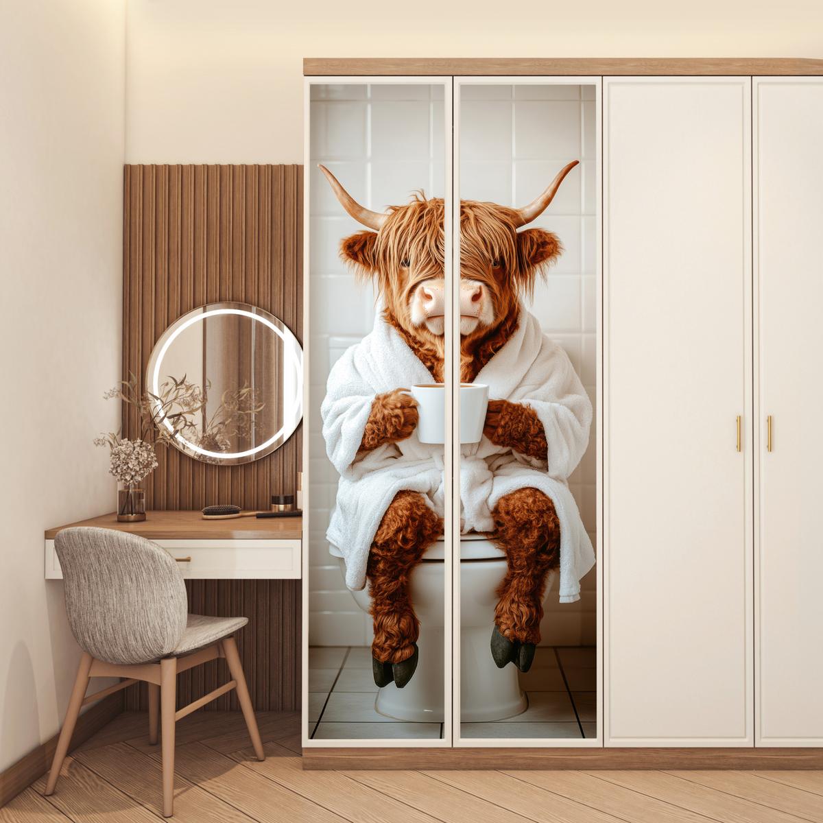 TÜRAUFKLEBER Schottischer Highlander - WC - Bademantel - Modern - Tiere 90x235 cm - Türtapete - Kastanienfarben, Kunststoff (90/0.1cm) - MuchoWow