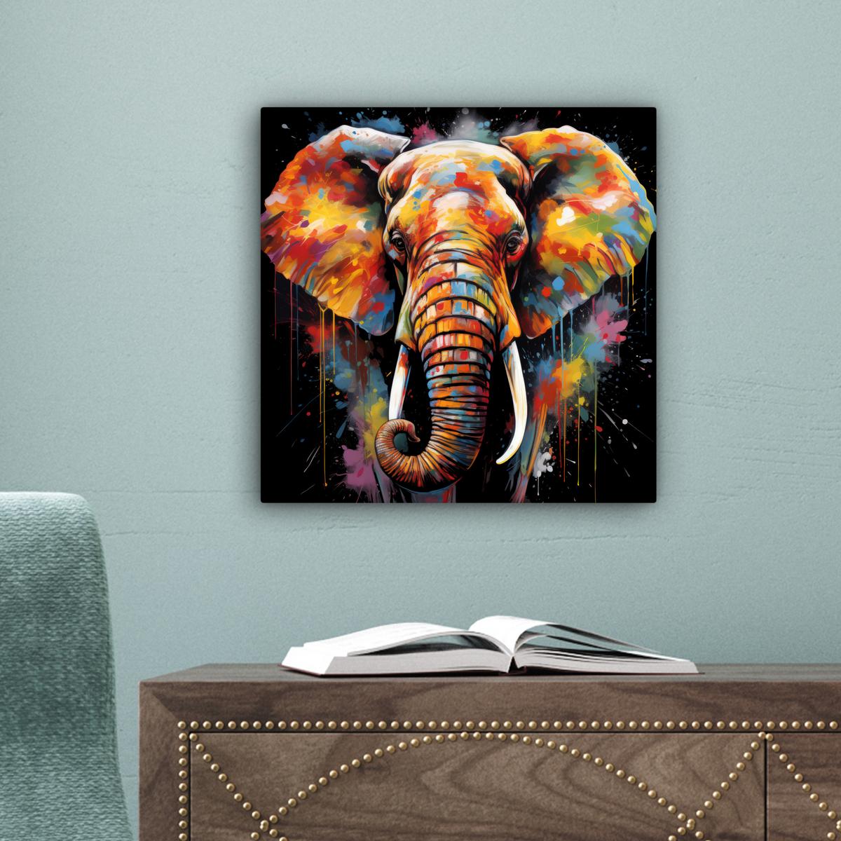 LEINWANDBILD Elefant - Graffiti - Schwarz - Tiere - Farben Deko Wohnzimmer 20x20 cm - Schwarz, Textil (20/20cm) - MuchoWow