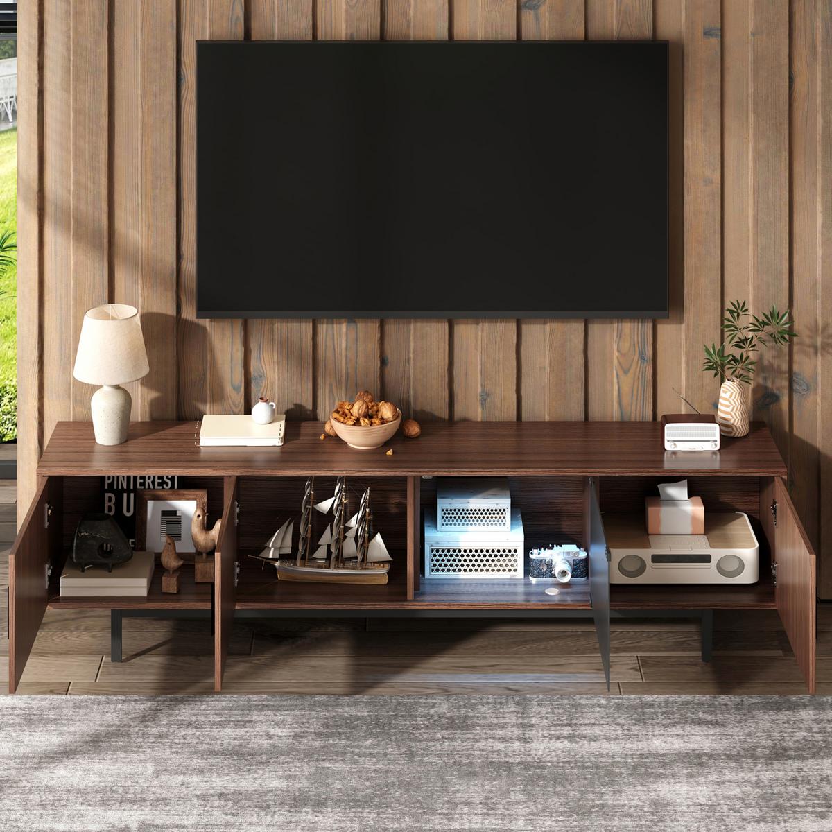 TV-LOWBOARD mit geschnitzter Textur, Glas-Tür & LED-Beleuchtung - Braun, Holz (35/53/200cm) - Urban Meuble