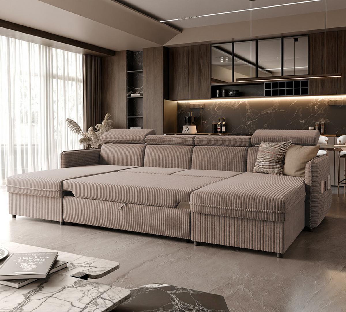 WOHNLANDSCHAFT BENI mit Schlaffunktion und Bettkasten Beige - Beige/Schwarz, Kunststoff/Textil (286/60/166cm) - Idohome