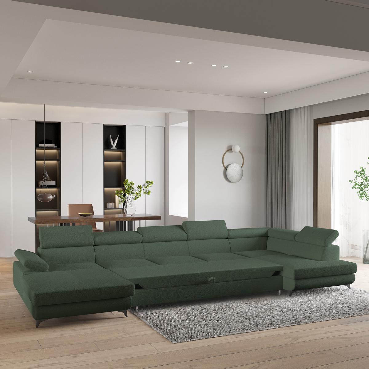 WOHNLANDSCHAFT MONTIVA Grün Boucle-Stoff mit Schlaffunktion - Grün, Holz (410/89/190cm) - MASSENO