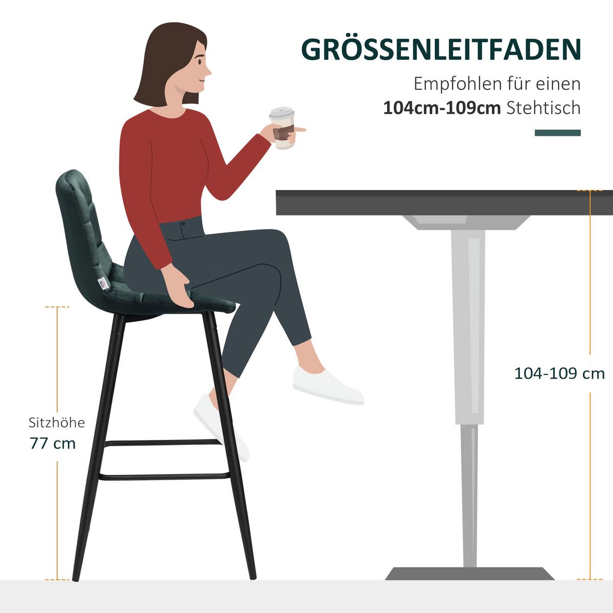 2ER-SET Barhocker, Bistrohocker mit Fußstütze, Barstuhl, Samt-Bezug, Küchenstuhl - Grün, Textil (55/103/42cm) - HOMCOM