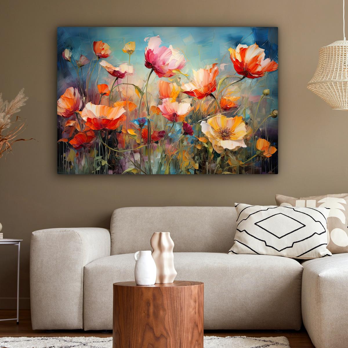 LEINWANDBILD Blumen - Aquarell - Kunst - Botanisch - Natur Wohnzimmer Groß 120x80 cm - Orange, Textil (120/80cm) - MuchoWow