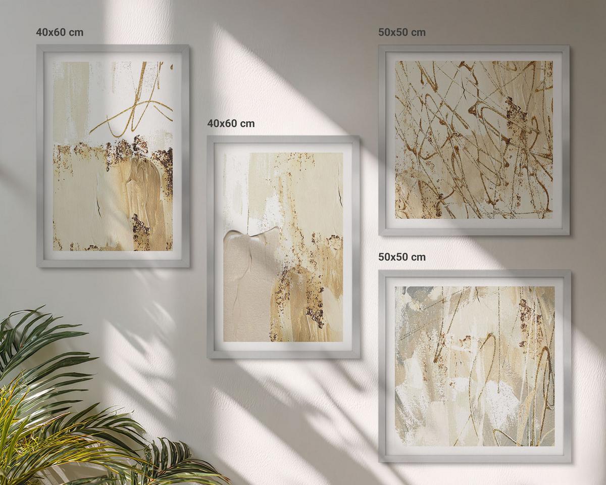 BILDER SET 4er Set - 50x50 cm & 40x60 cm Silberner Rahmen - Abstrakte Muster beige weiß - Silberfarben, Kunststoff (50/50cm) - TULUP