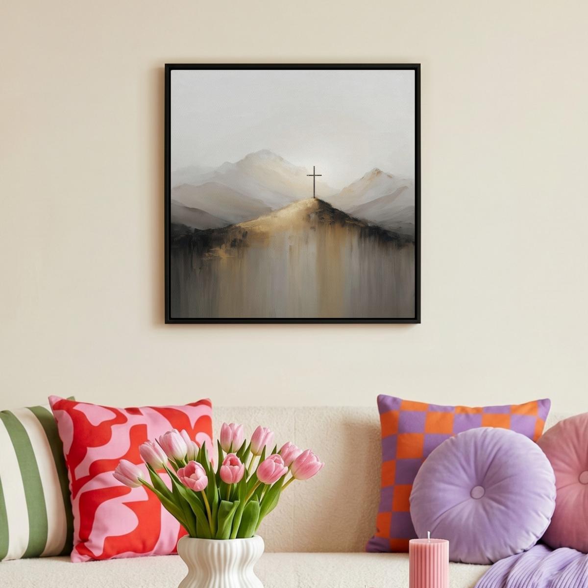 LEINWAND Bilder mit Rahmen - Hügel - Abstrakt - Kreuz - Christentum - 50x50 - Beige, Textil (50/50cm) - MuchoWow