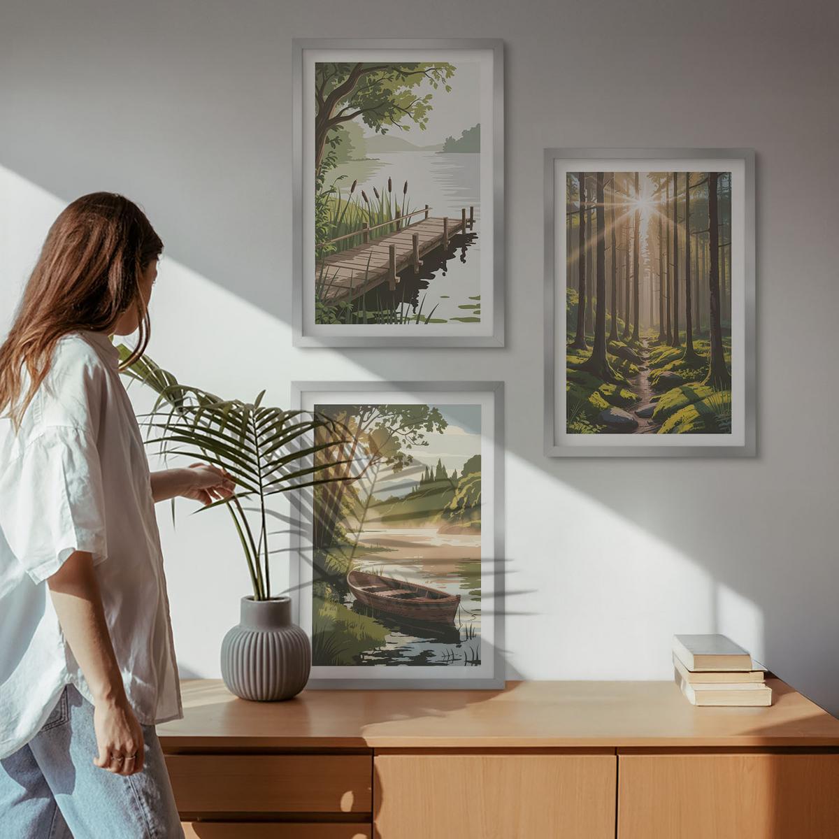 BILDER SET 3er Set - 40x60 cm Silberner Rahmen - Landschaft aus Wald, See und Boot - Silberfarben, Kunststoff (40/60cm) - TULUP