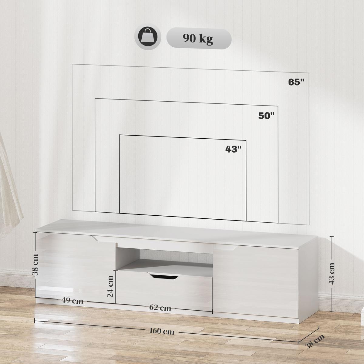 HOCHGLANZ TV-Lowboard für Fernseher bis 65 Zoll, 3 Fächer, Schublade, Weiß - Weiß Hochglanz/Weiß, Holzwerkstoff (38/43/160cm) - HOMCOM
