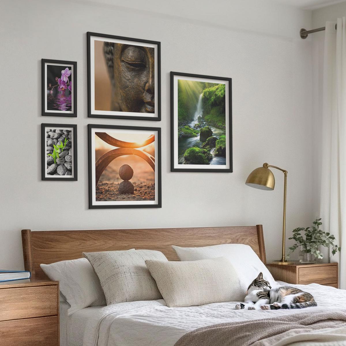 BILDER SET 5er Set - 50x50 cm & 20x30 cm & 40x60 cm Schwarzer Rahmen - Winterlandschaft mit Nordlichtern - Schwarz, Kunststoff (40/60cm) - TULUP