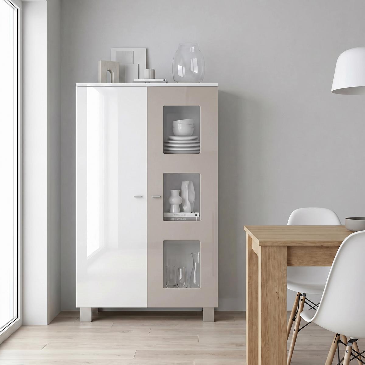 VITRINE Denjo Tür in Sandgrau Hochglanz - Sandfarben, Holzwerkstoff (71/129/35cm) - Vladon
