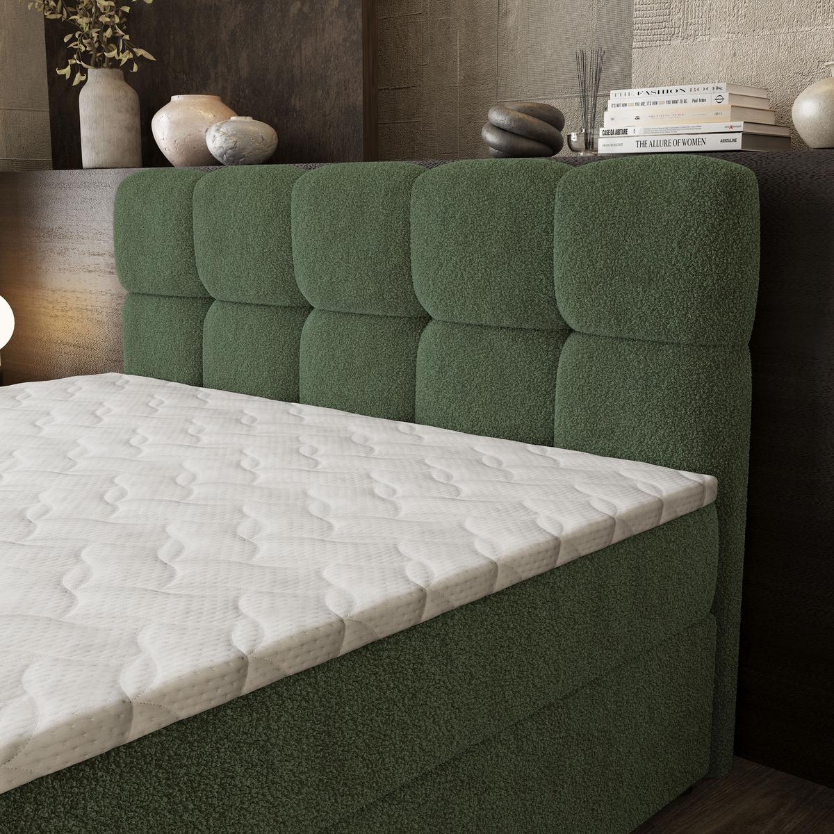 BOXBETT BRUME 180x200 cm mit Matratze und Topper, H2+H3 - Grün - Grün, Holz (180/200cm) - MASSENO