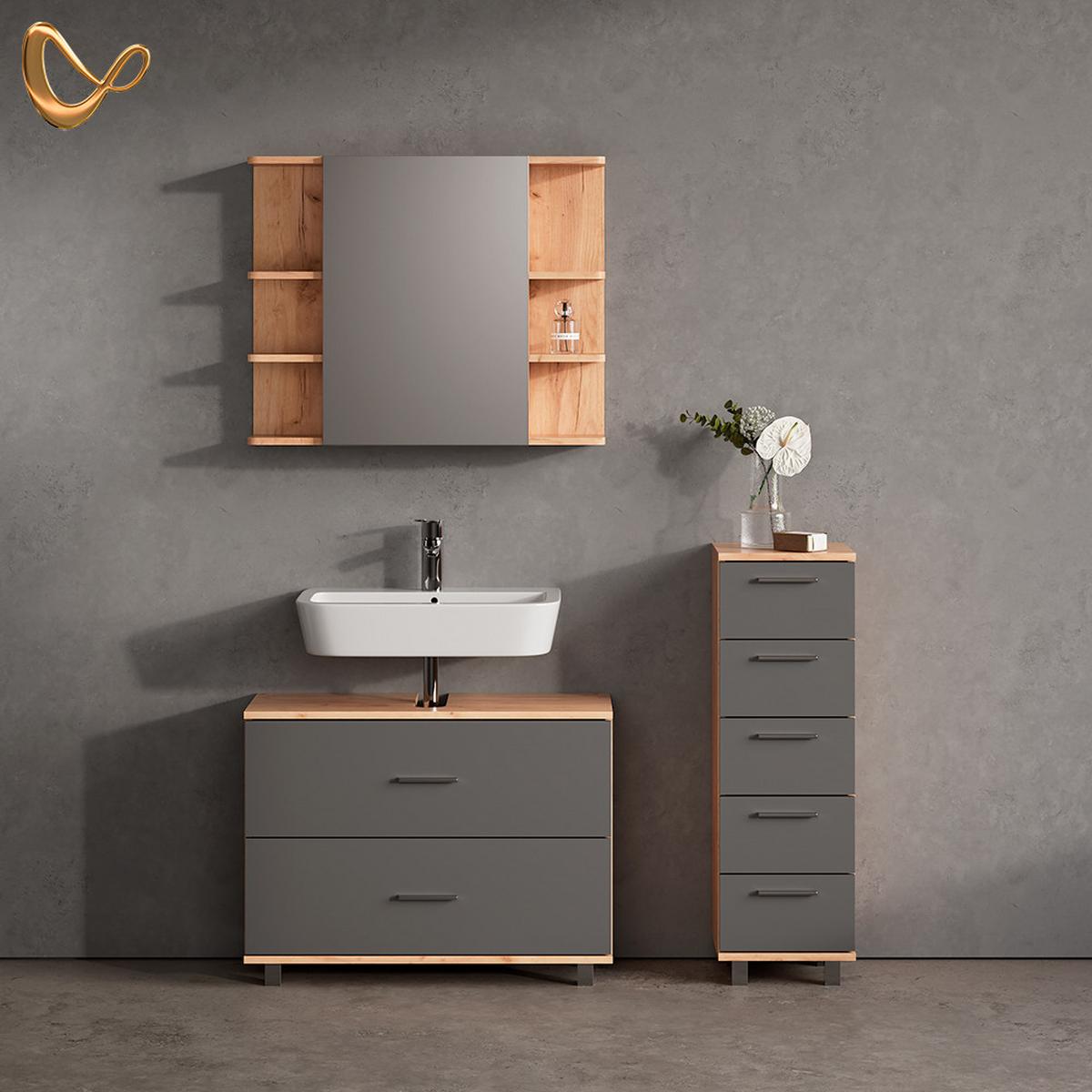 BADMÖBEL-SET Eisak Anthrazit/Goldkraft Eiche 3 Teile, mit Unterschrank 80 cm - Honigeiche/Anthrazit, Holzwerkstoff (80/60/33cm) - Livinity®
