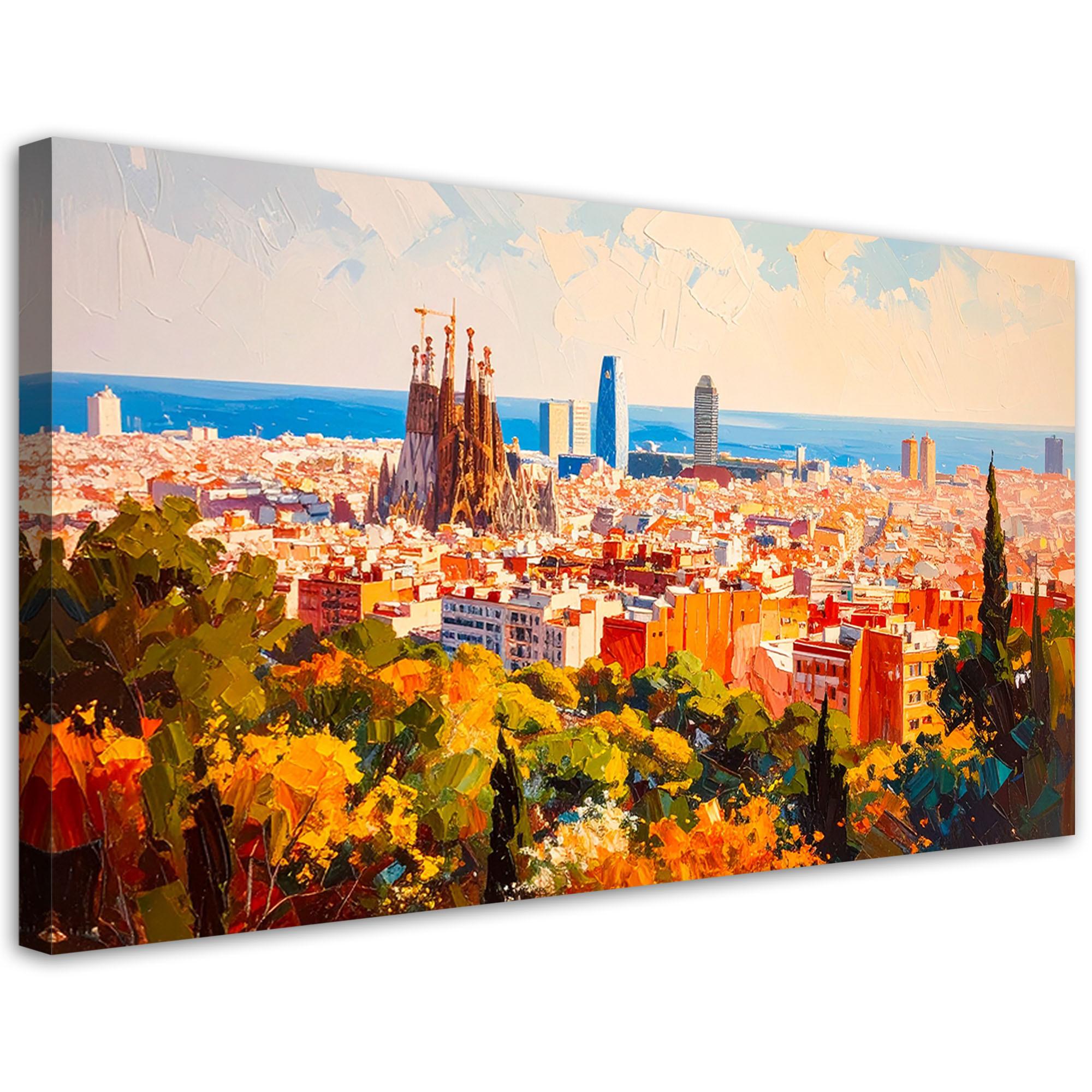 LEINWANDBILD Barcelona Stadt Landschaft 120x60cm - Multicolor, Textil (120/60cm) - Feeby
