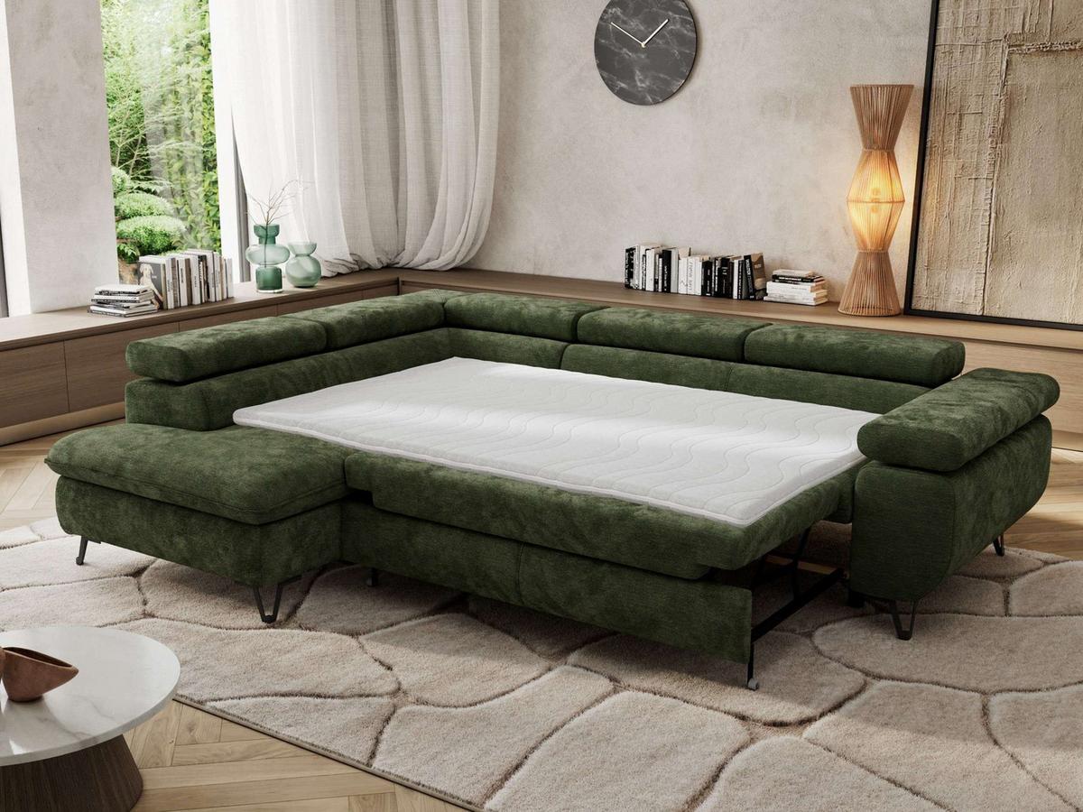 ECKSOFA PABLO L Dunkelgrün Schenille glatt - Links Seite mit Visco Topper - Dunkelgrün/Schwarz, Textil/Metall (208/273cm) - MKS