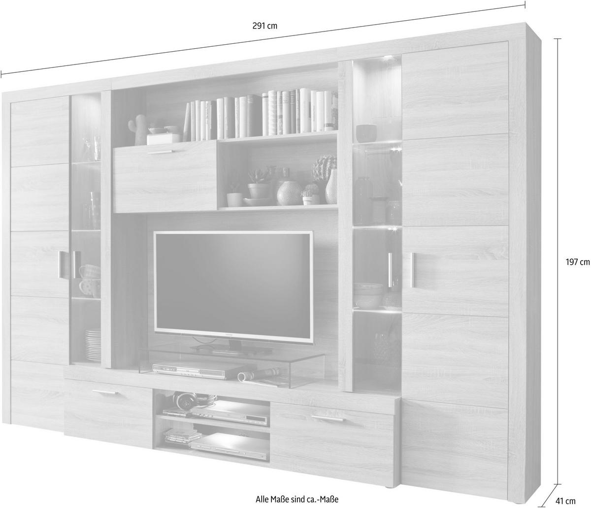 WOHNWAND Sonoma Eiche hell 291 cm, Schrankwand inklusive Beleuchtung - Eichefarben/Silberfarben, Glas/Holzwerkstoff (291/197/41cm) - Top.Furn