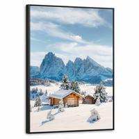 LEINWAND Bilder mit Rahmen - Winter - Hütte - Berge - Aussicht - Schnee - 70x100 - Eichefarben, Textil (70/100cm) - MuchoWow