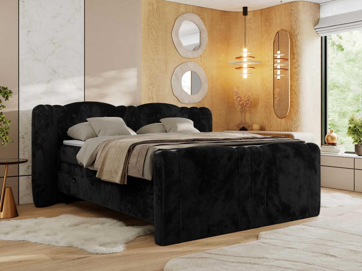 BOXSPRINGBETT FORTINA 160/200 - Schwarz Plüsch - Topper T25 - H4 - Schwarz, Textil/Metall (160/200cm) - MKS