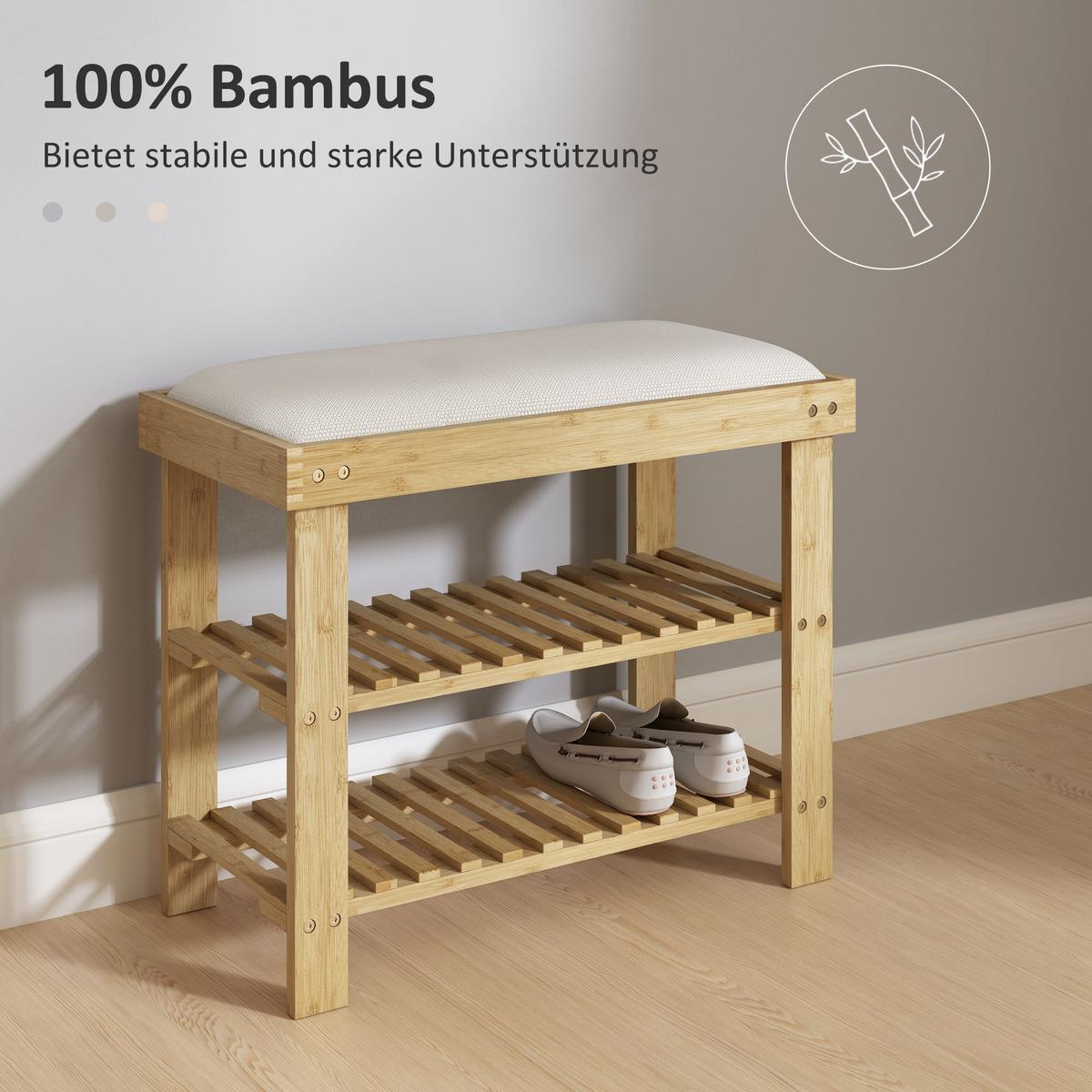 SCHUHBANK mit Sitzfläche, Bambus Sitzbank mit Stauraum, Schuhregal mit 2 Fächer - Multicolor, Textil (29/49/60cm) - HOMCOM