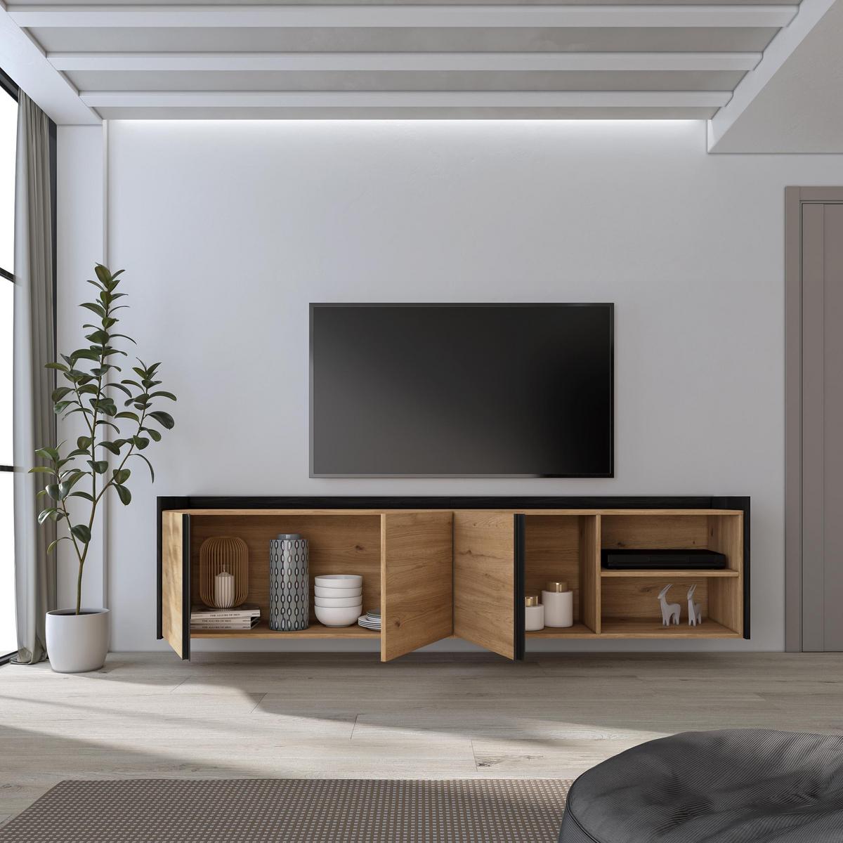 LOWBOARD, Eiche und Schwarz, Hängend, 207/35/50cm - Braun, Holzwerkstoff (207/50/35cm) - Skraut Home