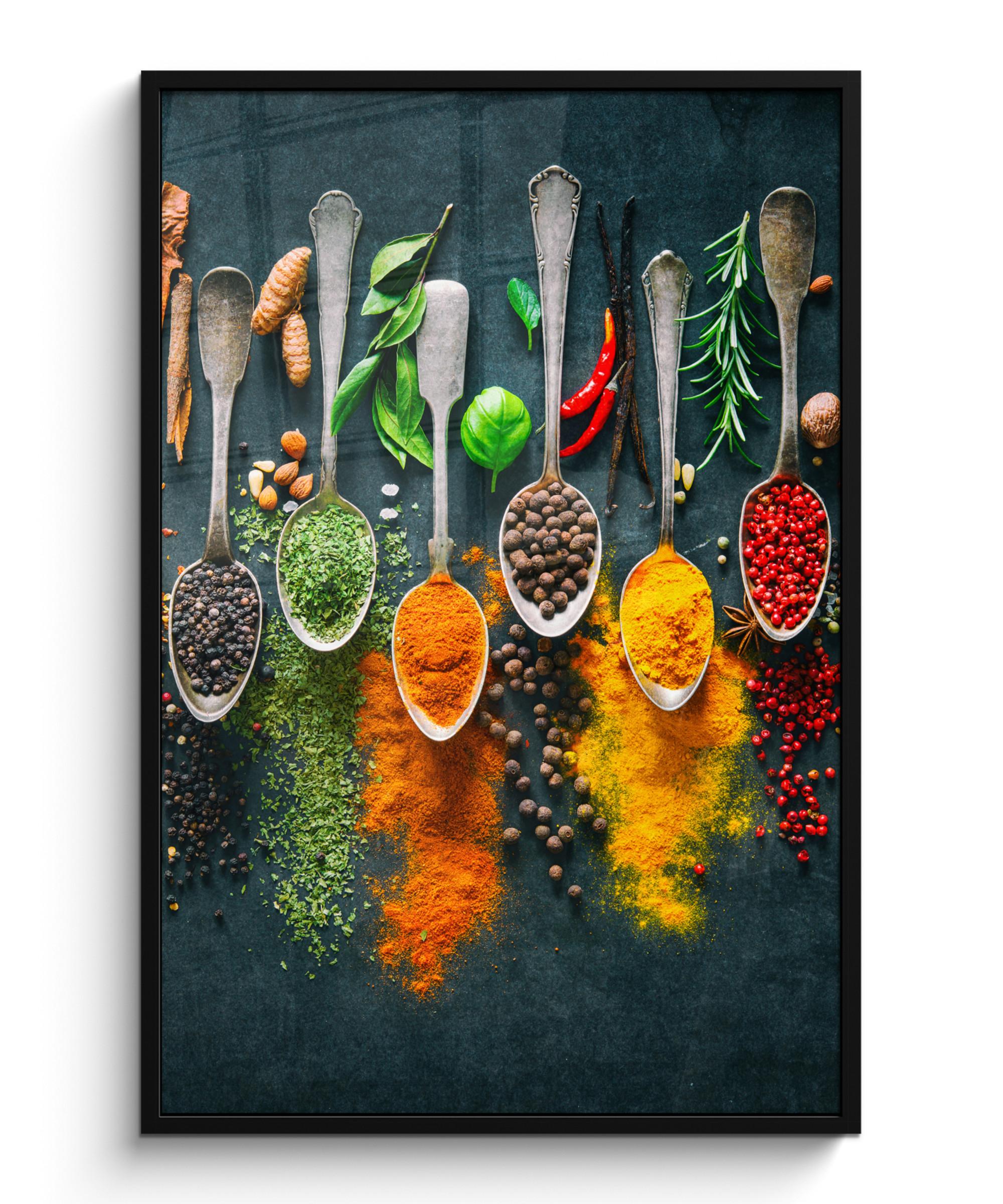 POSTER MIT RAHMENGERAHMTES BILD Kräuter - Gewürze - Löffel Bilderleiste 80x120 cm - Currygelb, Papier (80/120cm) - MuchoWow