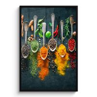 POSTER MIT RAHMENGERAHMTES BILD Kräuter - Gewürze - Löffel Bilderleiste 80x120 cm - Currygelb, Papier (80/120cm) - MuchoWow