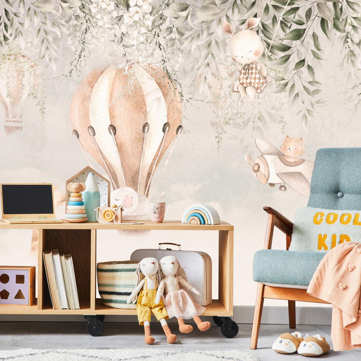 FOTOTAPETE für Kinderzimmer Tiere Wolken Ballons Giraffe Sonne 450x315 - Beige/Braun, Papier (450/315cm) - Muralo