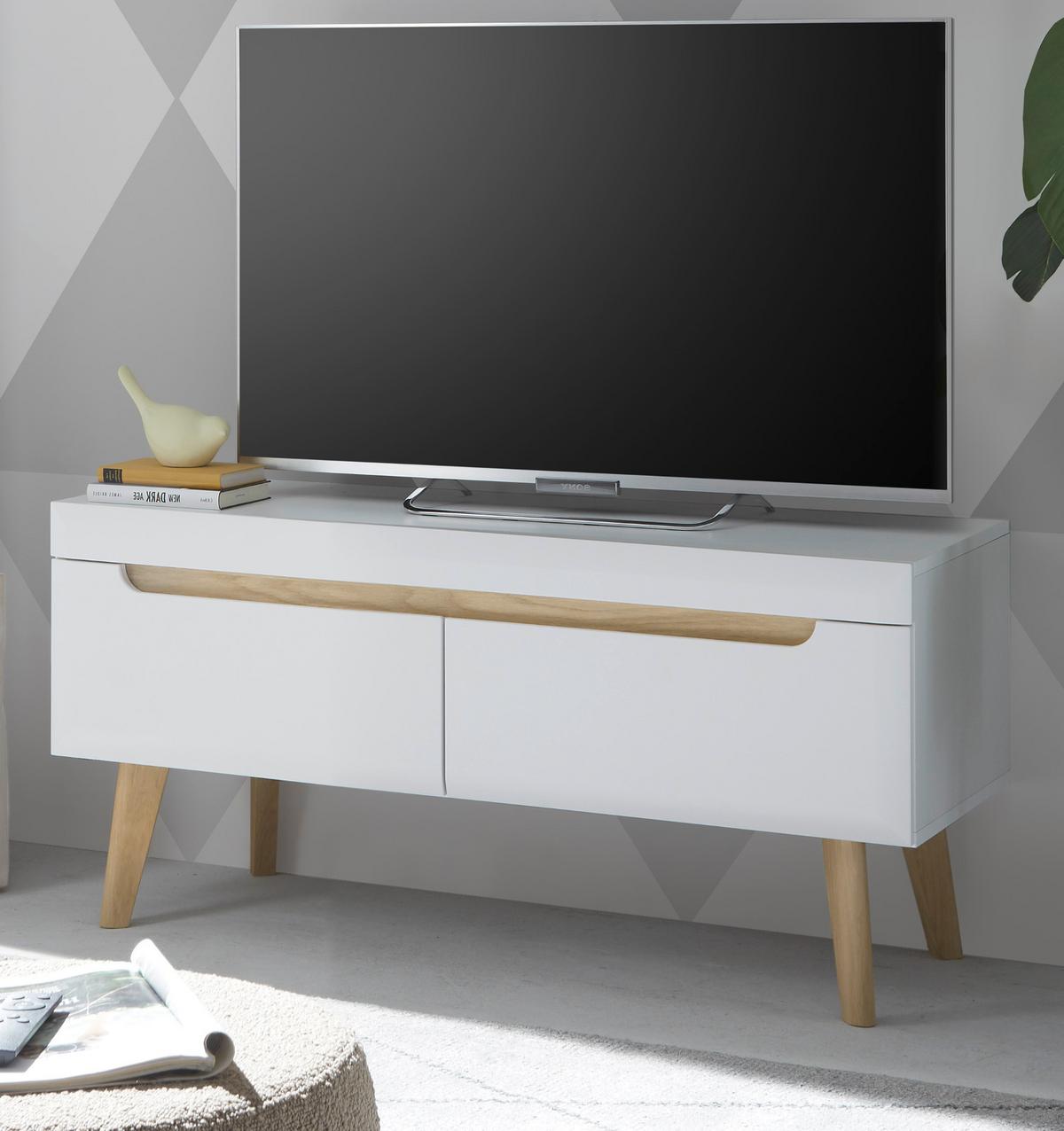 TV-LOWBOARD weiß matt, Eiche, skandinavisch 107 cm, TV-Unterteil mit Vollauszug - Eichefarben/Weiß, Holz/Holzwerkstoff (107/50/50cm) - Furn.Design