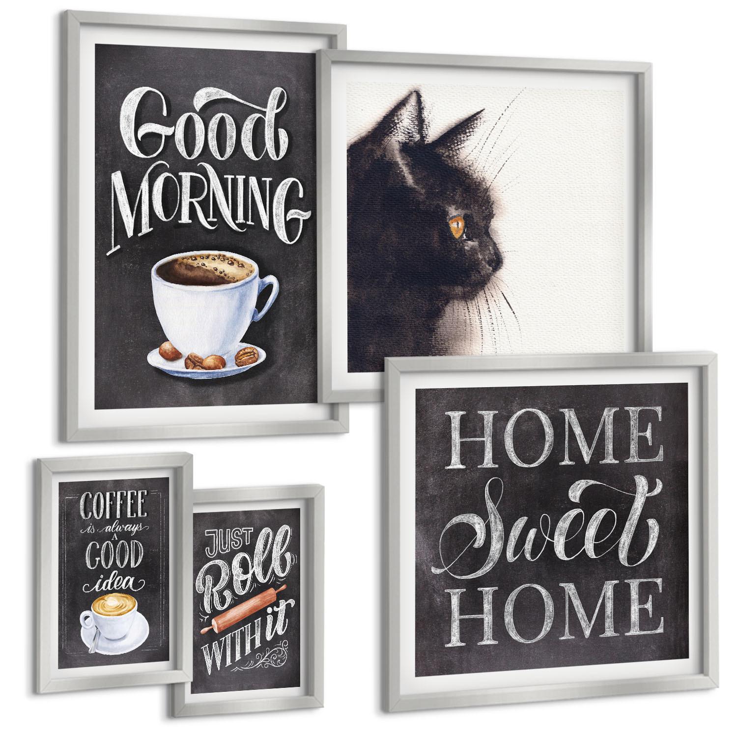 BILDER SET 5er Set - 50x50 cm & 20x30 cm & 40x60 cm Silberner Rahmen - Hausküchenthemen Katze - Silberfarben, Kunststoff (40/60cm) - TULUP