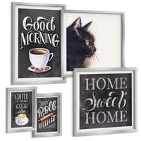 BILDER SET 5er Set - 50x50 cm & 20x30 cm & 40x60 cm Silberner Rahmen - Hausküchenthemen Katze - Silberfarben, Kunststoff (40/60cm) - TULUP