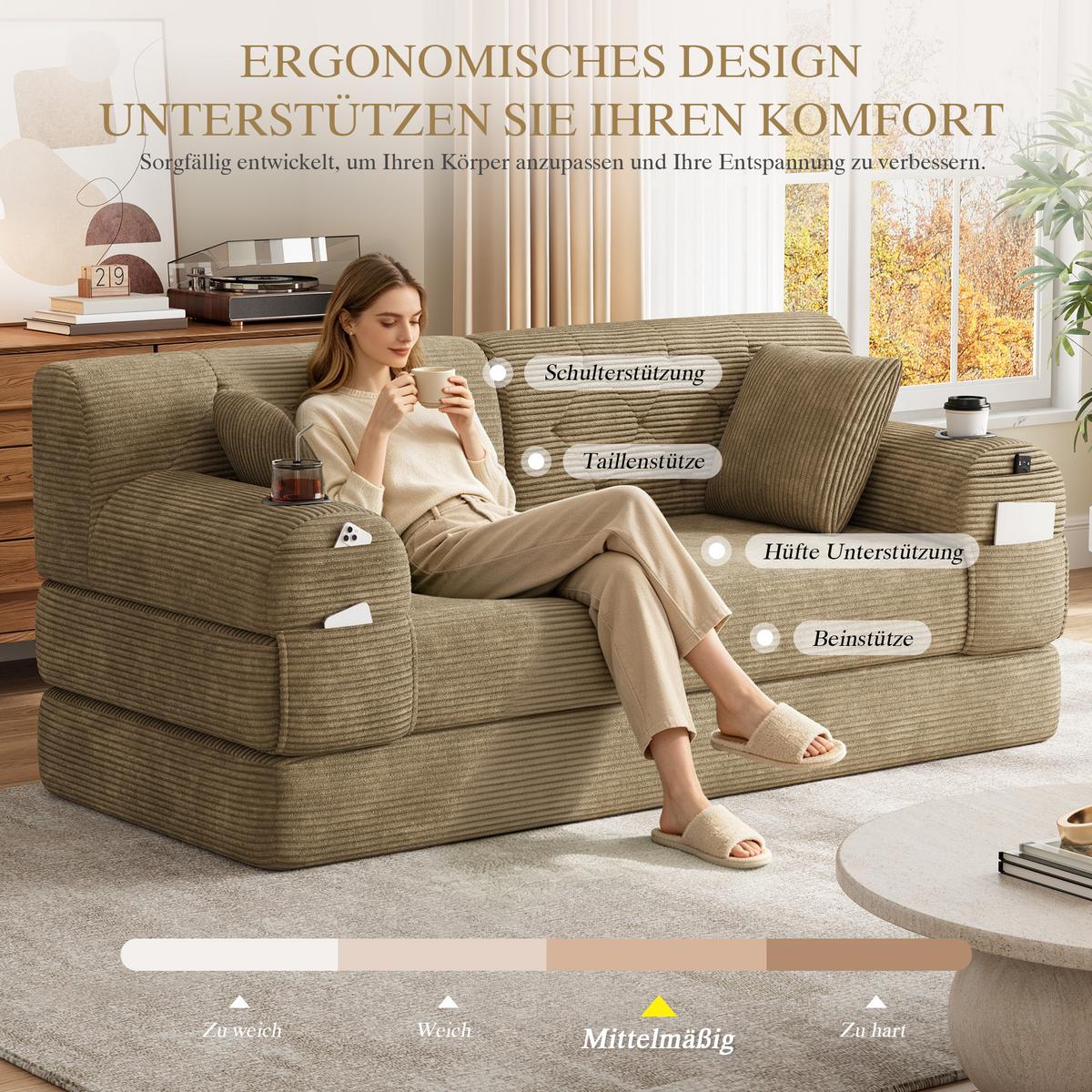 SCHLAFSOFA 2-Sitzer Cord mit Schlaffunktion, Getränkehalter & Taschen - Sandfarben, Textil (168/81/80cm) - Urban Meuble