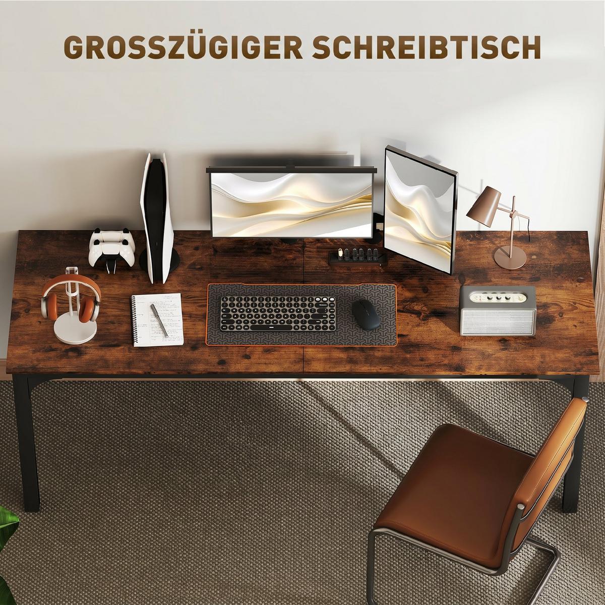 SCHREIBTISCH Spanplatte Stahl Rustikal-Braun - Schwarz/Braun, Holzwerkstoff/Metall (200/60/75cm) - HOMCOM