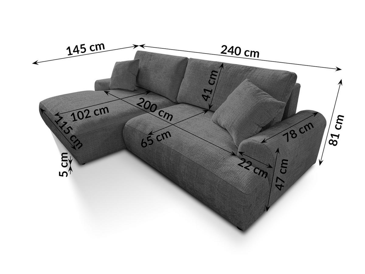 ECKSOFA Melvano mit Schlaffunktion und Bettkasten im Japandi-Stil aus weichem Grau Chenille-Stoff - Schwarz/Grau, Holz/Kunststoff (145/240cm) - S-Style