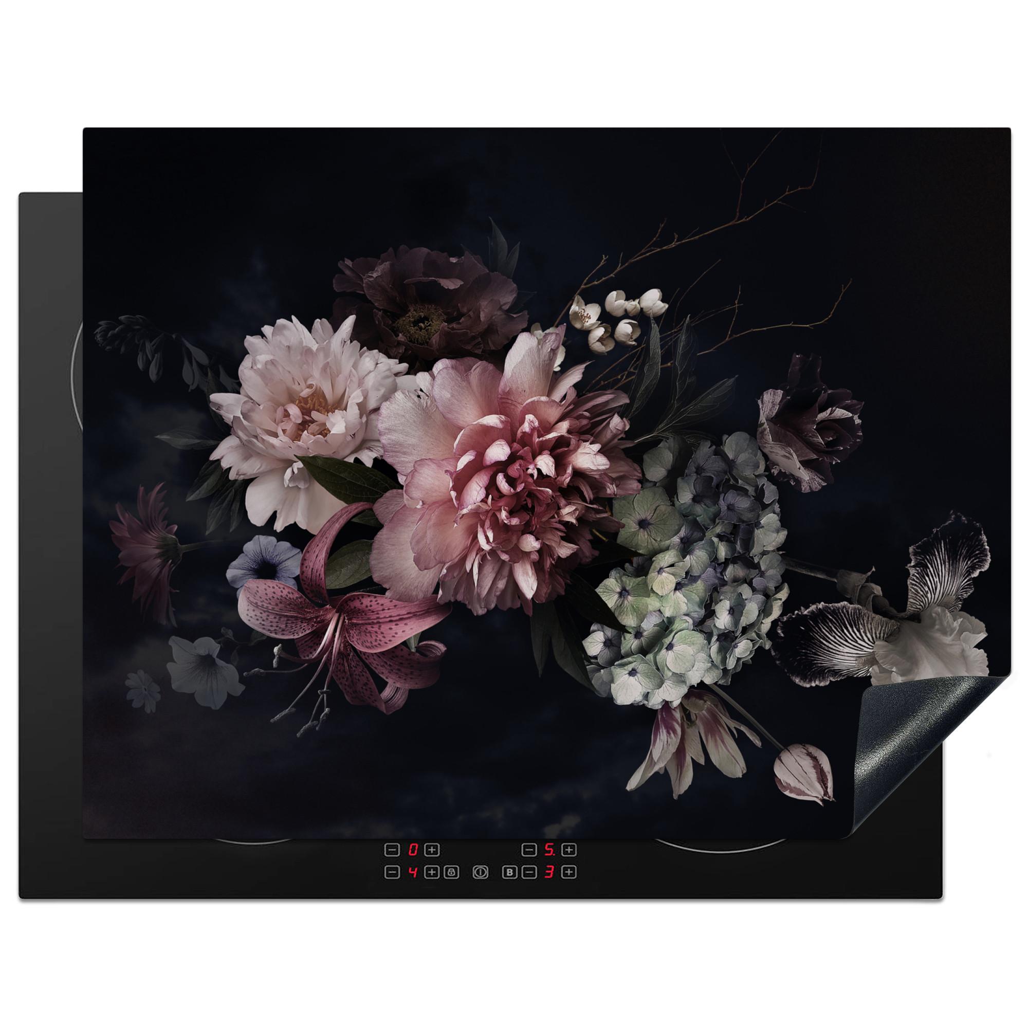 HERDABDECKPLATTE Blumen - Vintage - Pastell - Rosa - Weiß Induktionsmatte 77x59 cm - Altrosa, Kunststoff (77/59/0.2cm) - MuchoWow