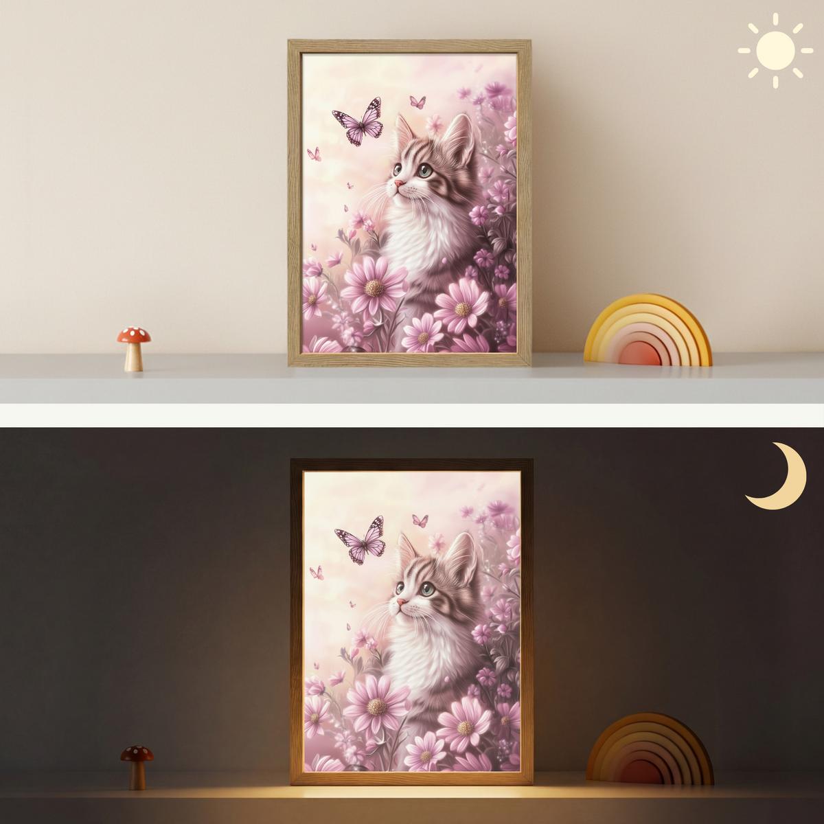 WANDLEUCHTE MIT AKKU Kätzchen - Blumen - Schmetterlinge - Lila 30x40 cm - Altrosa, Holzwerkstoff (30/40/8cm) - OnlyWow