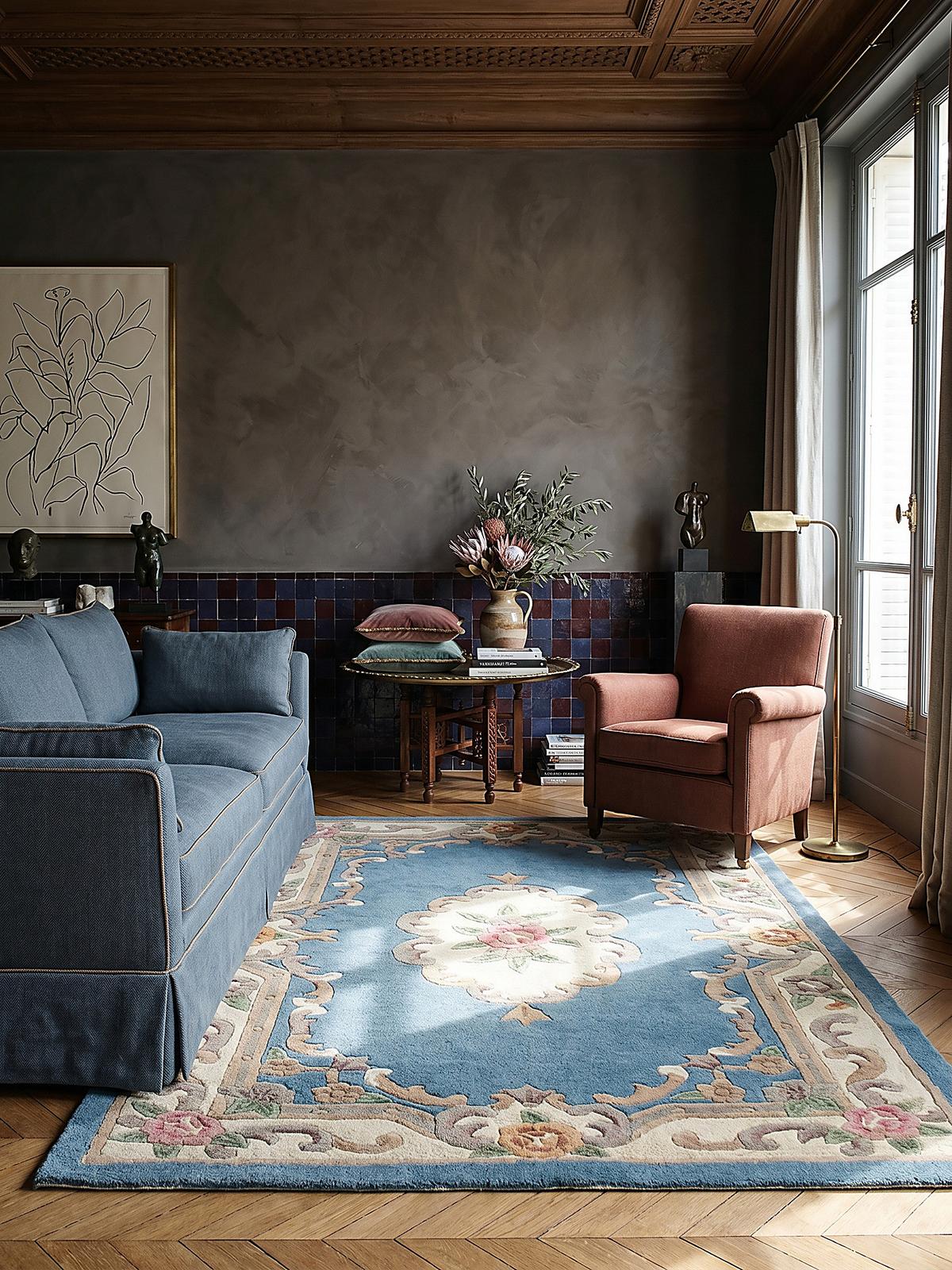 WOLLTEPPICH BEAULY, klassisch, Blau-Beige, 75 x 150 cm - Blau, Textil (150/75cm) - KADIMA DESIGN