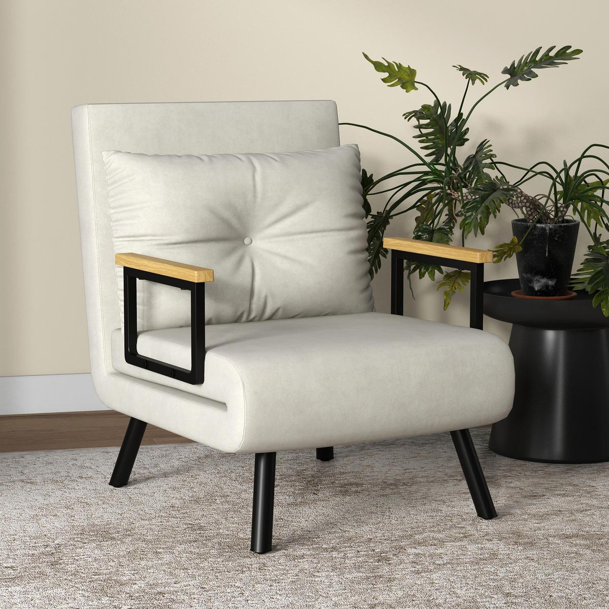 SCHLAFSESSEL, Einzelsofa mit Bettfunktion, Relaxsessel mit Rückenkissen Creme - Creme/Schwarz, Holz/Textil (63/81/73cm) - HOMCOM